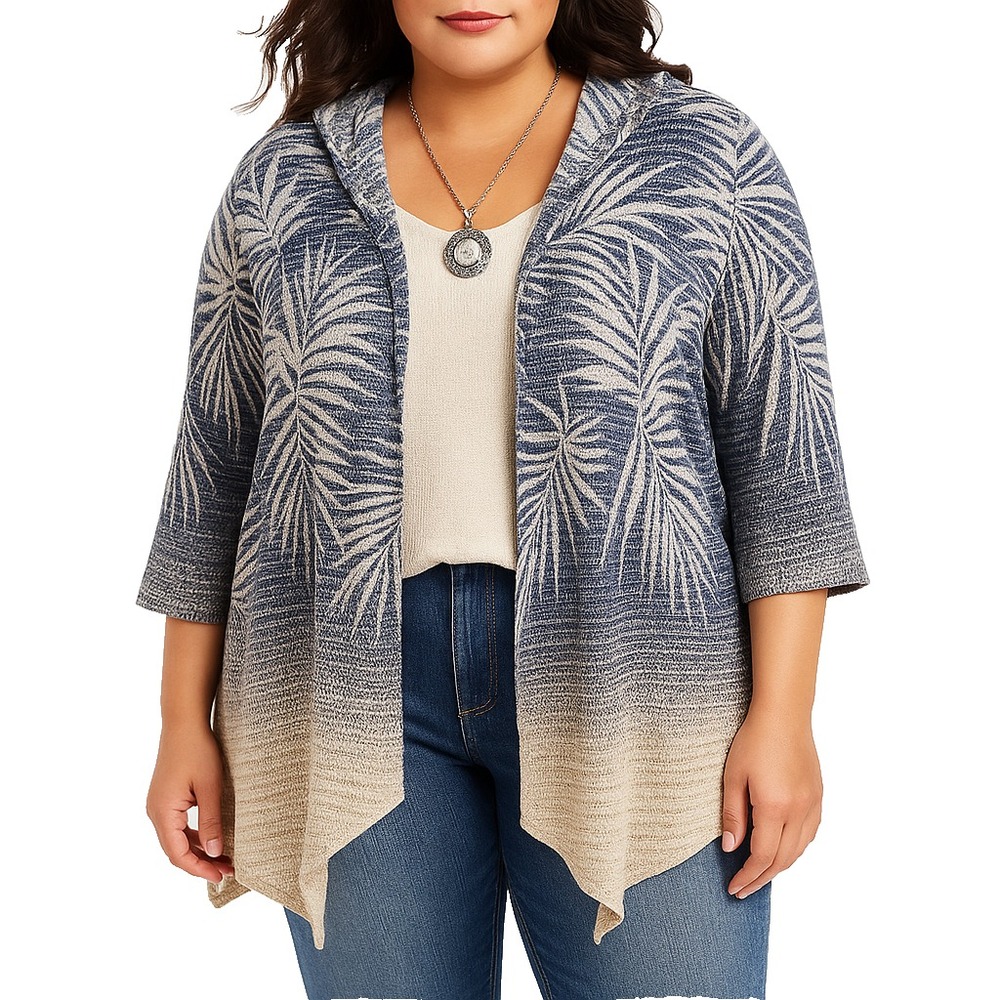 Catherines Womens Blue Beige Palm Print Hooded Cardigan 3X Open Front Boho‎